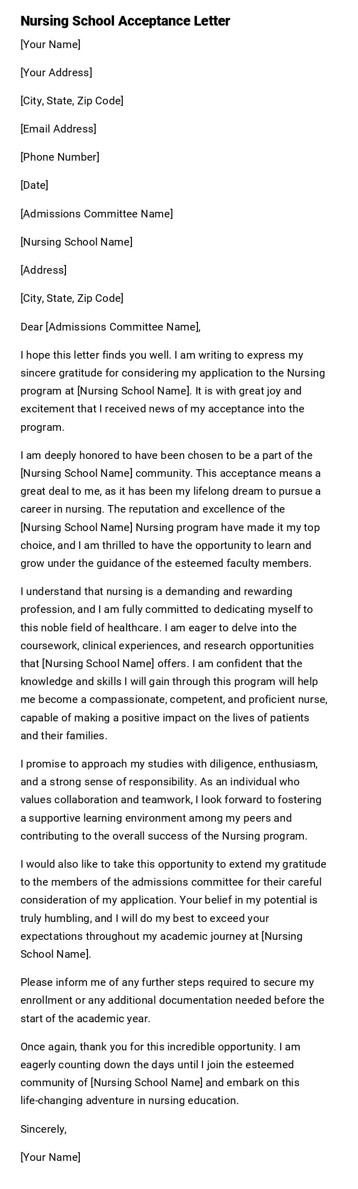 Nursing School Acceptance Letter Nursing School Acceptance Letter