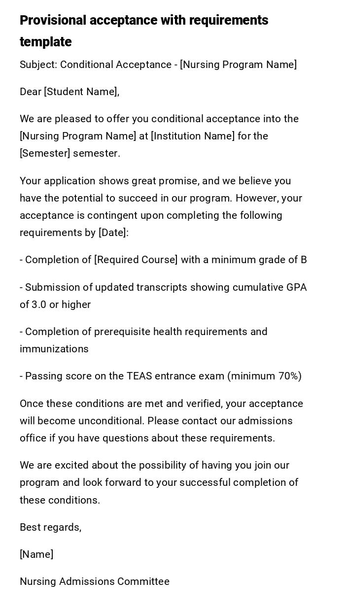 Provisional acceptance with requirements template Provisional acceptance with requirements template