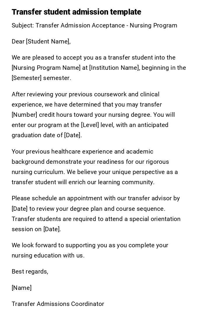 Transfer student admission template Transfer student admission template