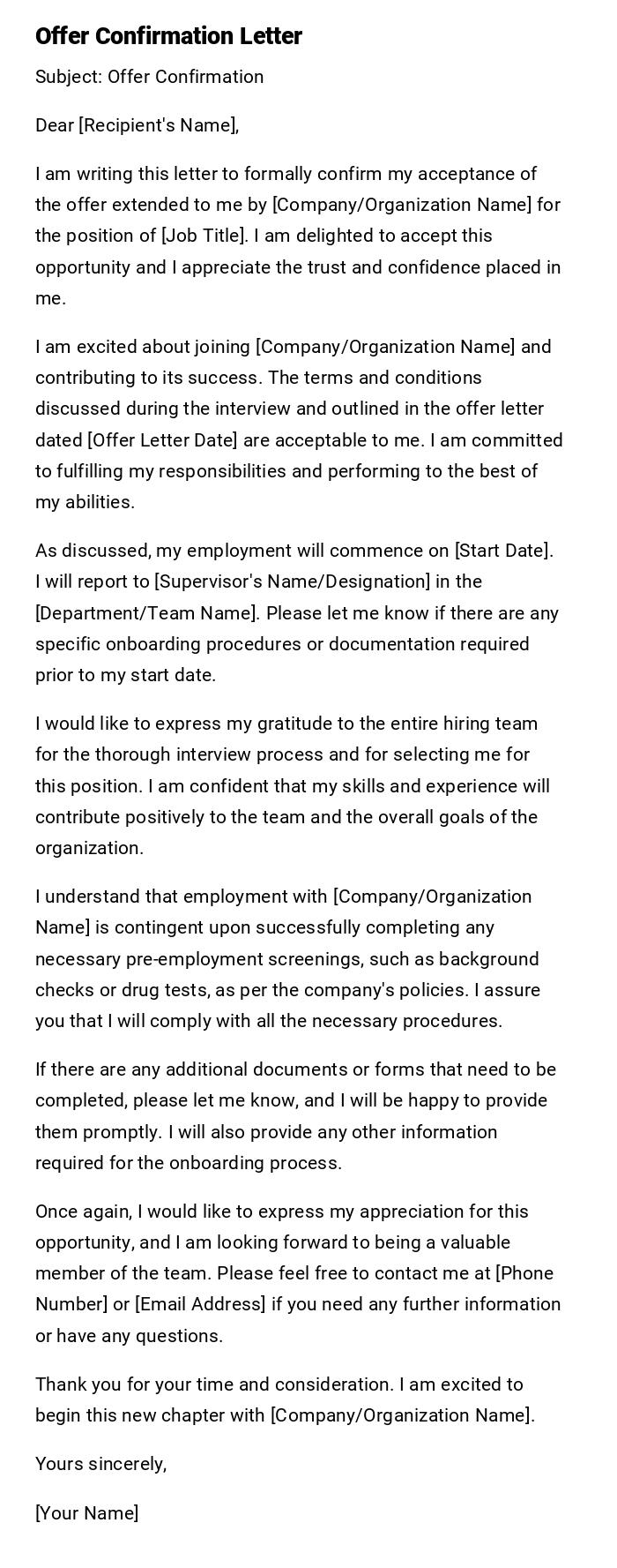 Offer Confirmation Letter Offer Confirmation Letter
