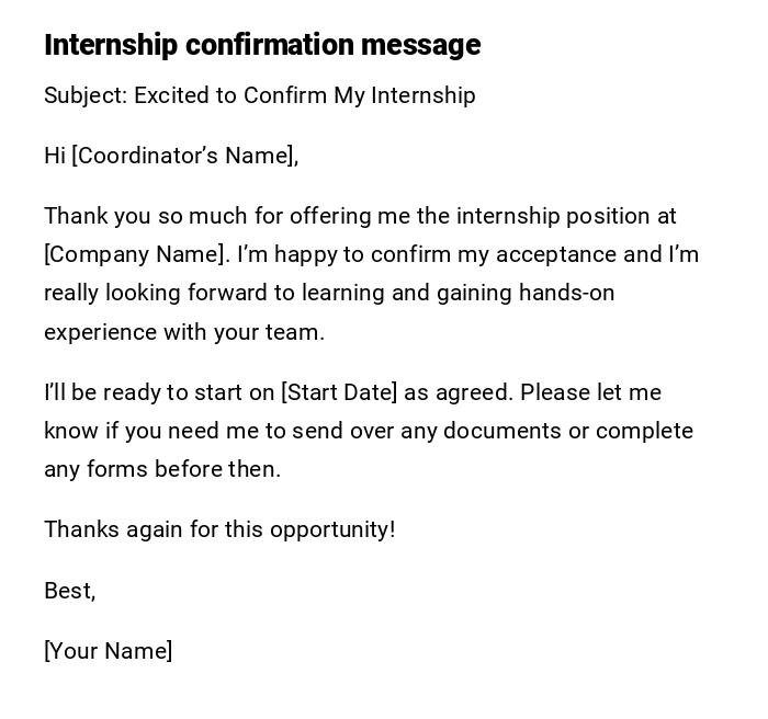Internship confirmation message Internship confirmation message