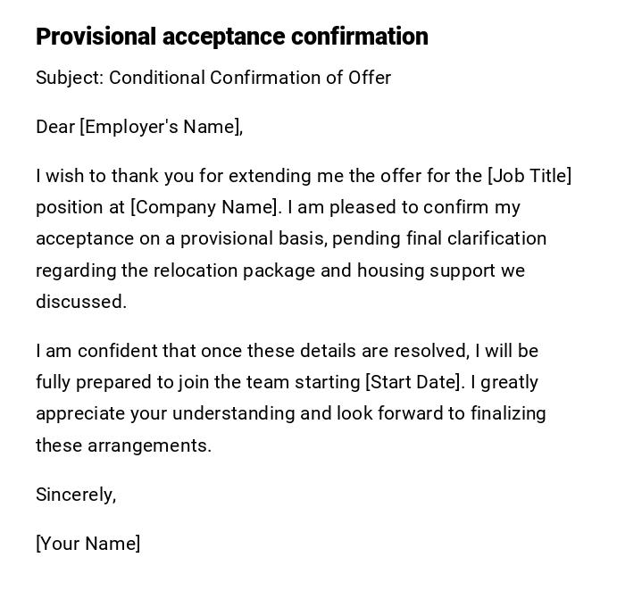 Provisional acceptance confirmation Provisional acceptance confirmation