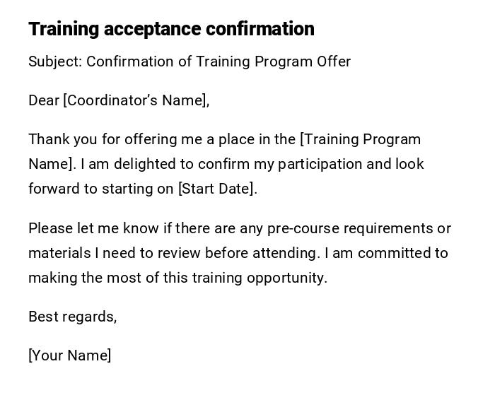 Training acceptance confirmation Training acceptance confirmation