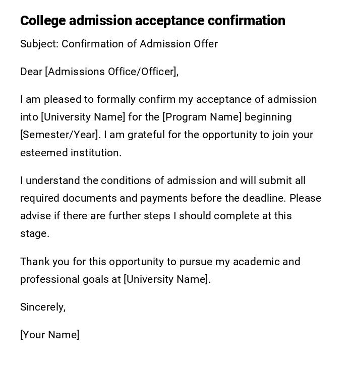 College admission acceptance confirmation College admission acceptance confirmation