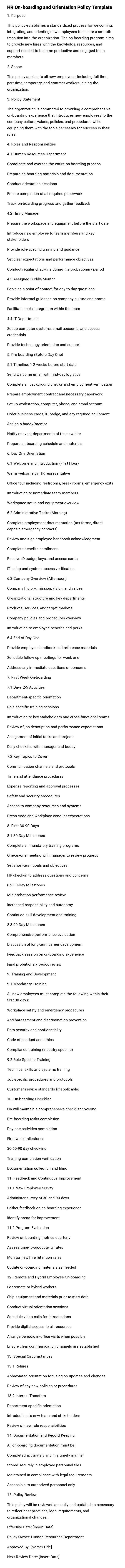 HR On-boarding and Orientation Policy Template HR On-boarding and Orientation Policy Template