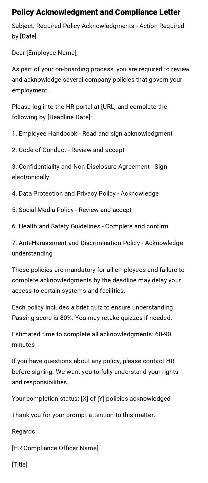 Policy Acknowledgment and Compliance Letter Policy Acknowledgment and Compliance Letter