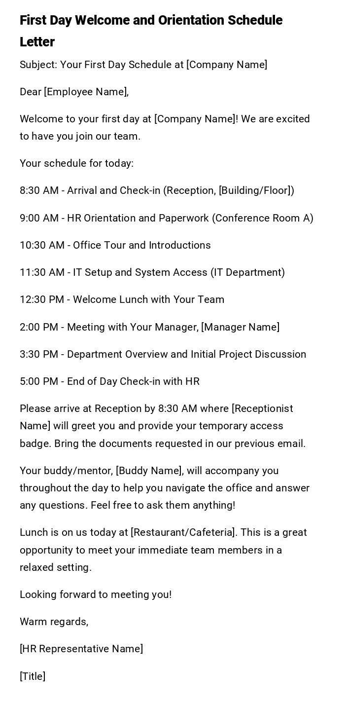 First Day Welcome and Orientation Schedule Letter First Day Welcome and Orientation Schedule Letter