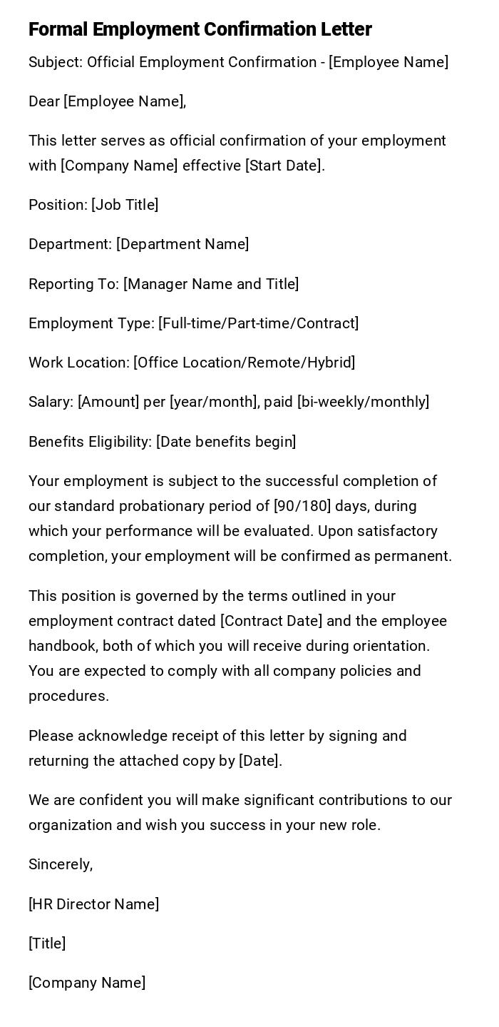 Formal Employment Confirmation Letter Formal Employment Confirmation Letter