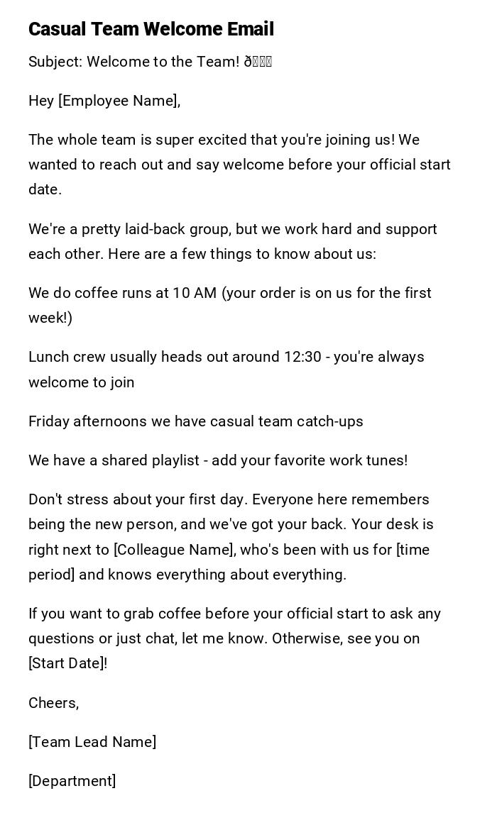 Casual Team Welcome Email Casual Team Welcome Email