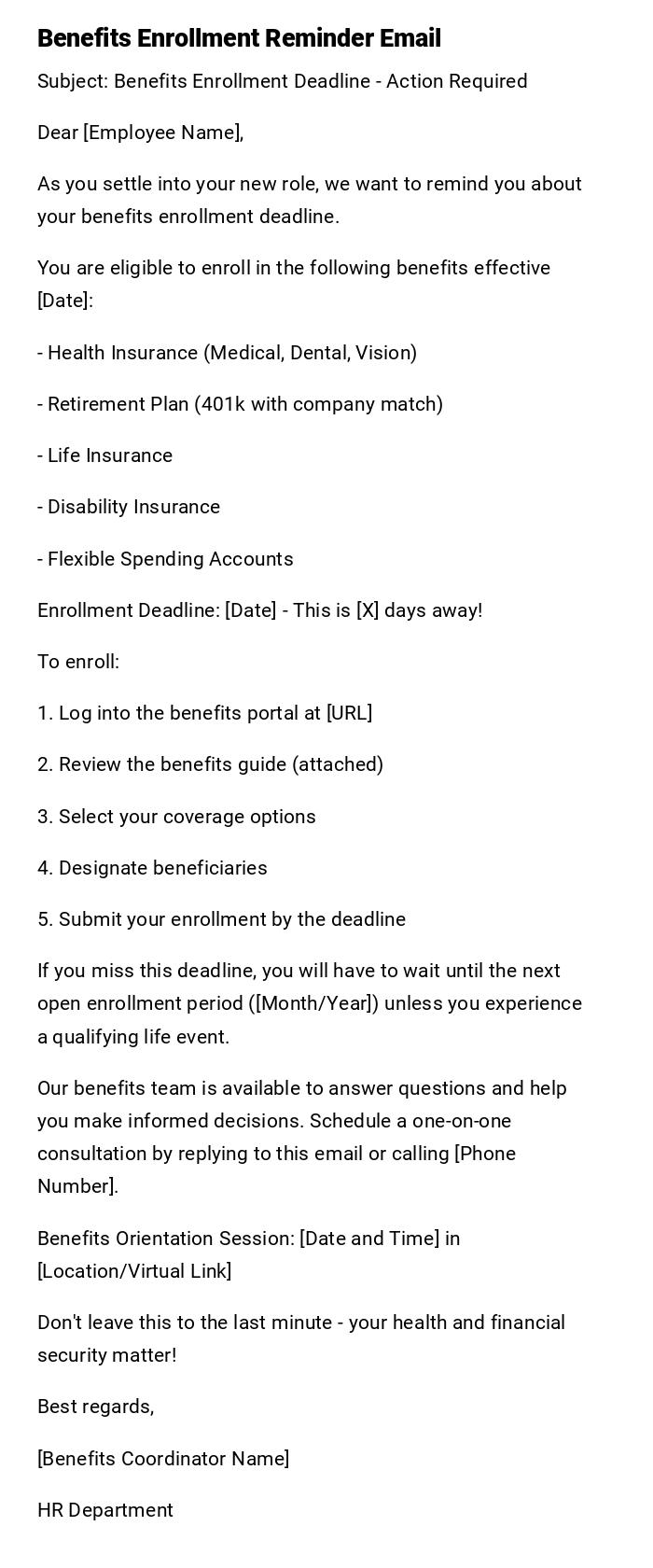 Benefits Enrollment Reminder Email Benefits Enrollment Reminder Email