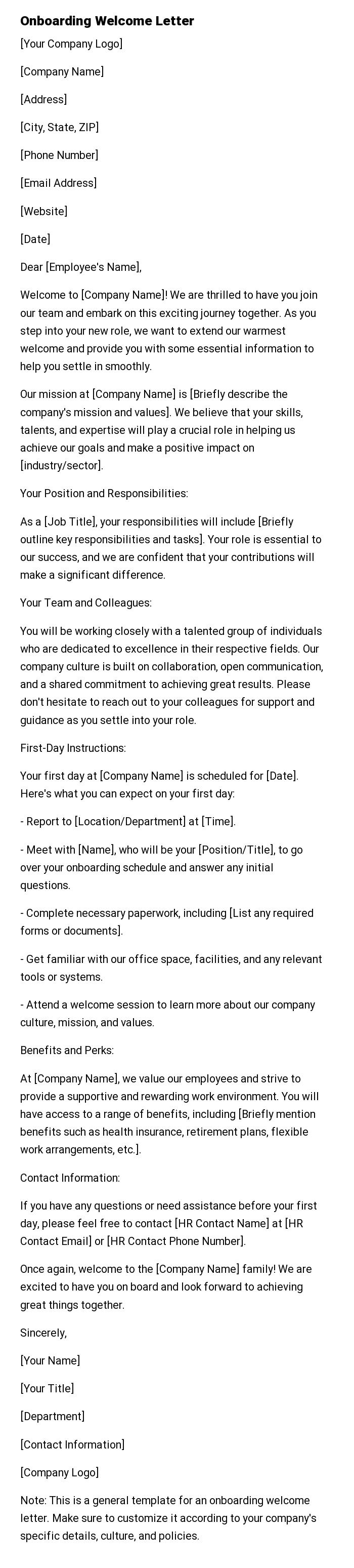 Onboarding Welcome Letter