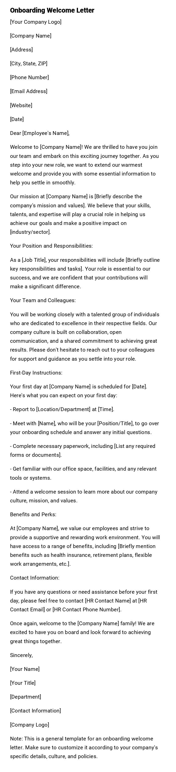 Onboarding Welcome Letter