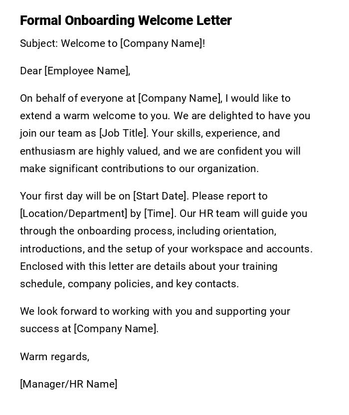 Formal Onboarding Welcome Letter Formal Onboarding Welcome Letter