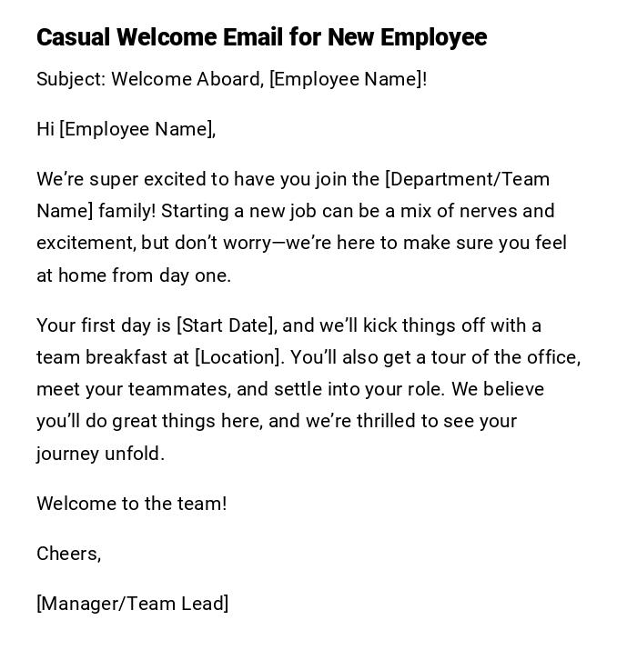 Casual Welcome Email for New Employee Casual Welcome Email for New Employee