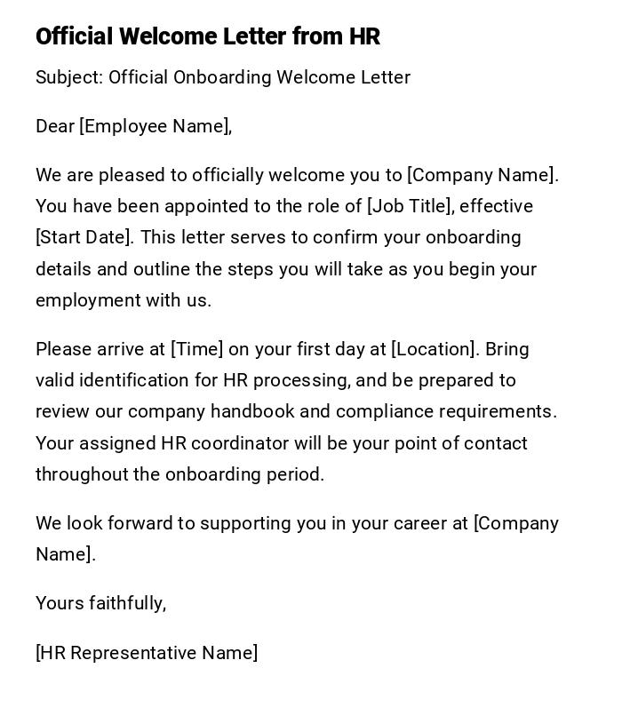 Official Welcome Letter from HR Official Welcome Letter from HR