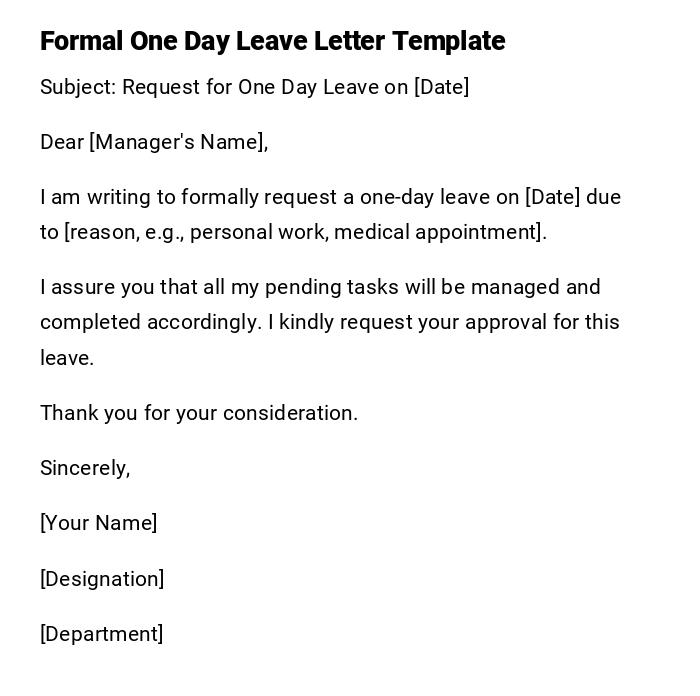 Formal One Day Leave Letter Template Formal One Day Leave Letter Template
