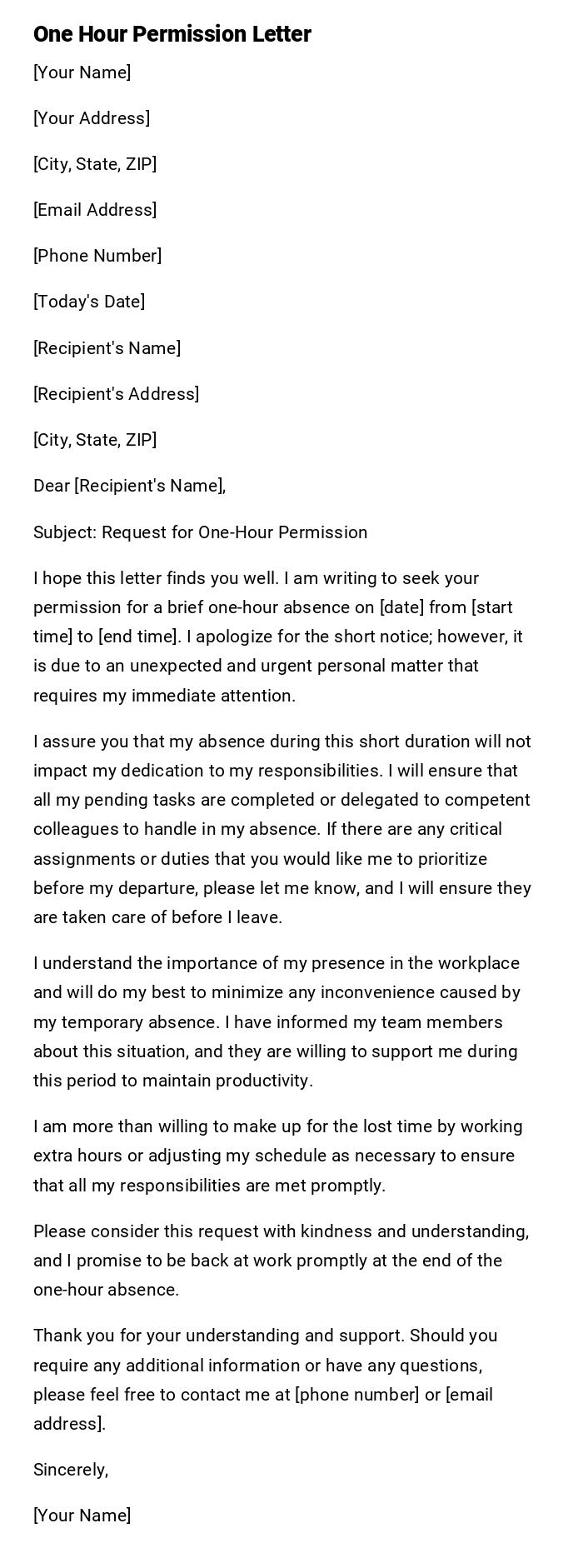 One Hour Permission Letter