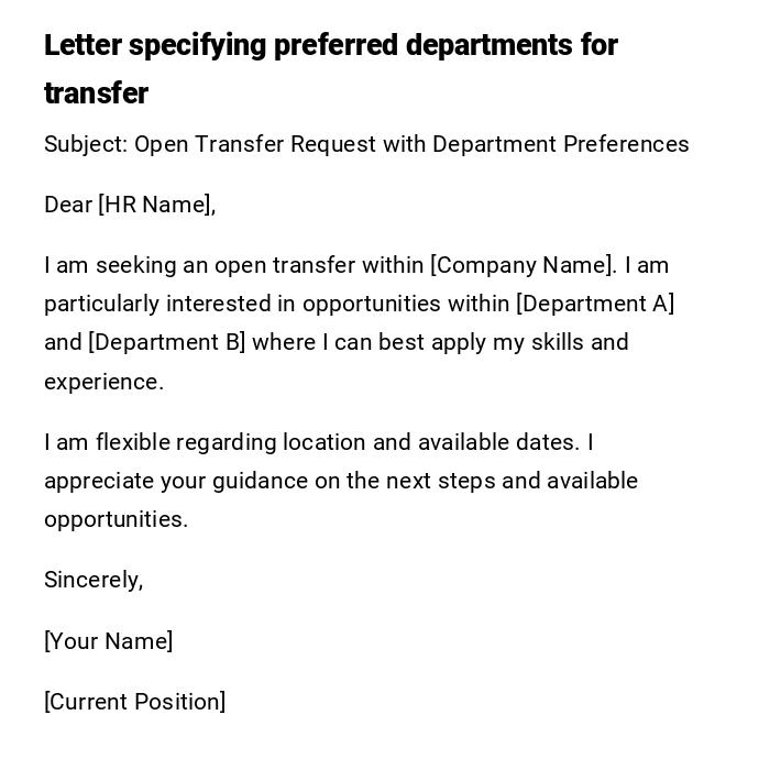 Letter specifying preferred departments for transfer Letter specifying preferred departments for transfer