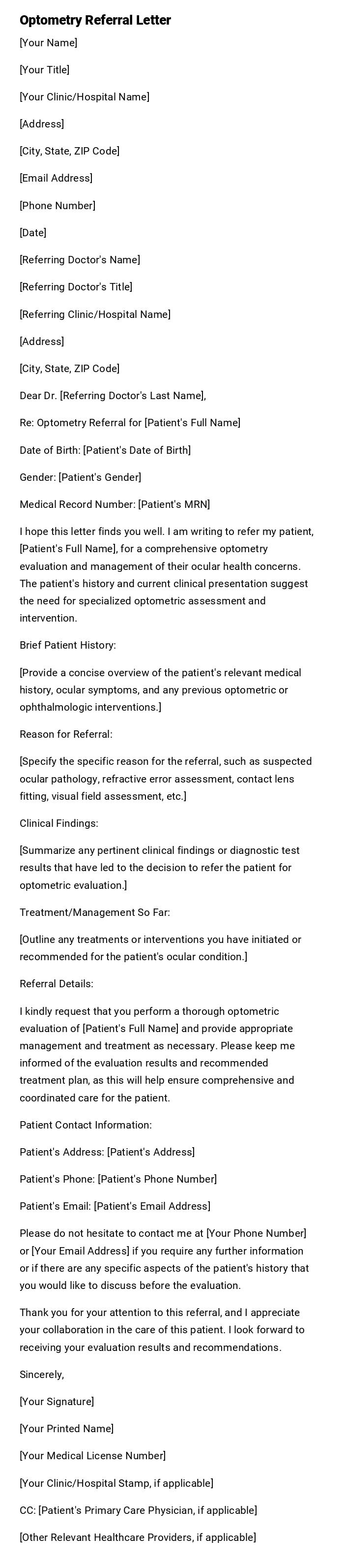 Optometry Referral Letter