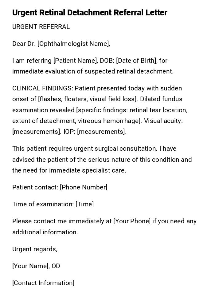 Urgent Retinal Detachment Referral Letter Urgent Retinal Detachment Referral Letter