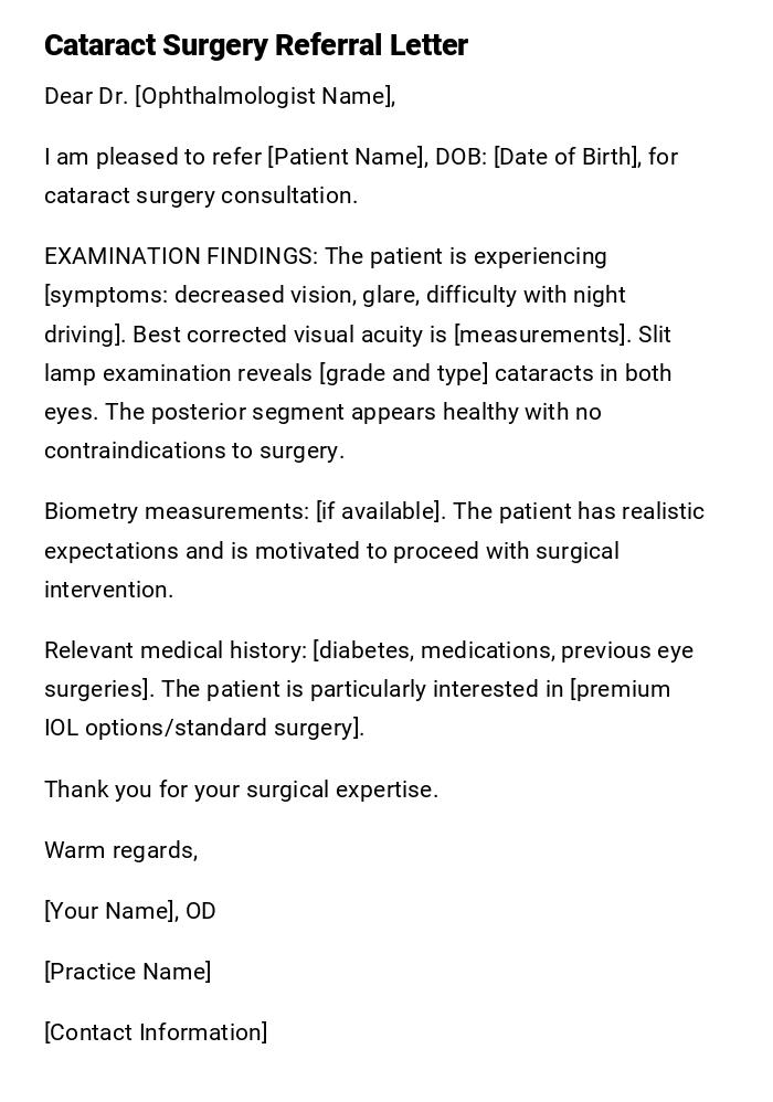 Cataract Surgery Referral Letter Cataract Surgery Referral Letter