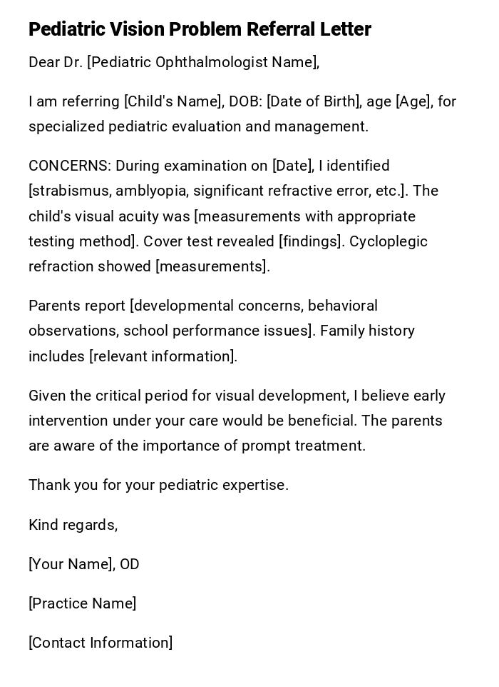 Pediatric Vision Problem Referral Letter Pediatric Vision Problem Referral Letter