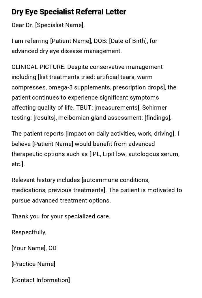 Dry Eye Specialist Referral Letter Dry Eye Specialist Referral Letter