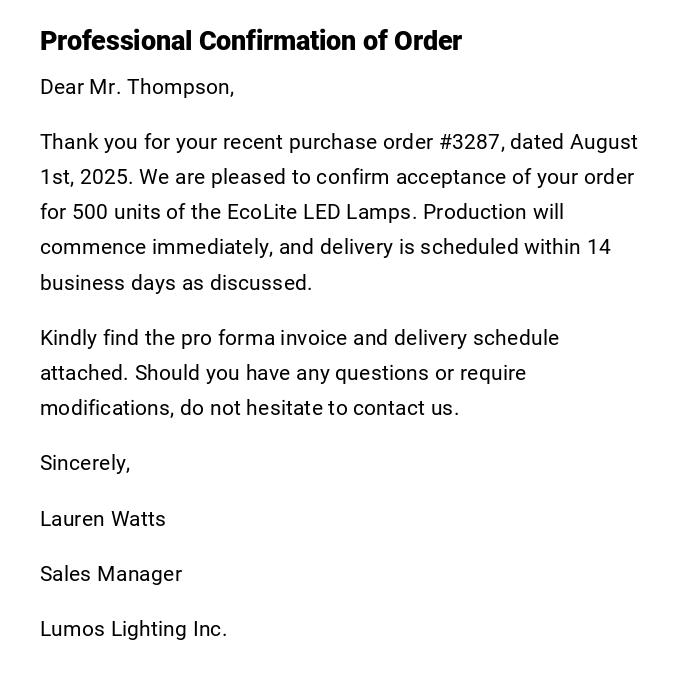 Professional Confirmation of Order
