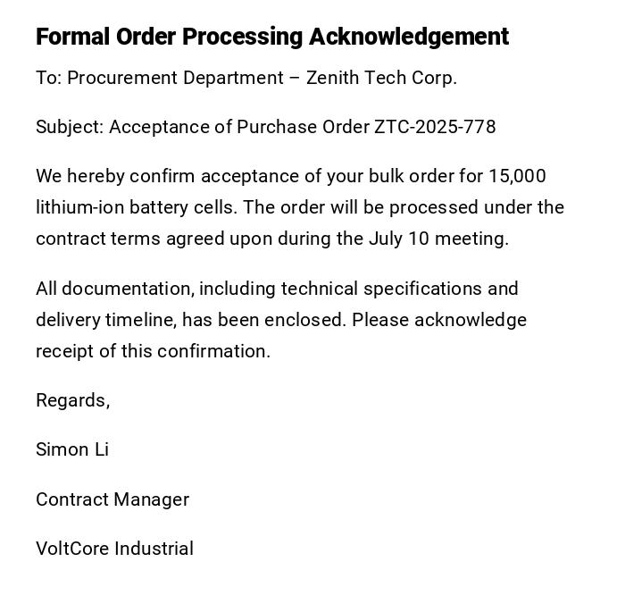Formal Order Processing Acknowledgement
