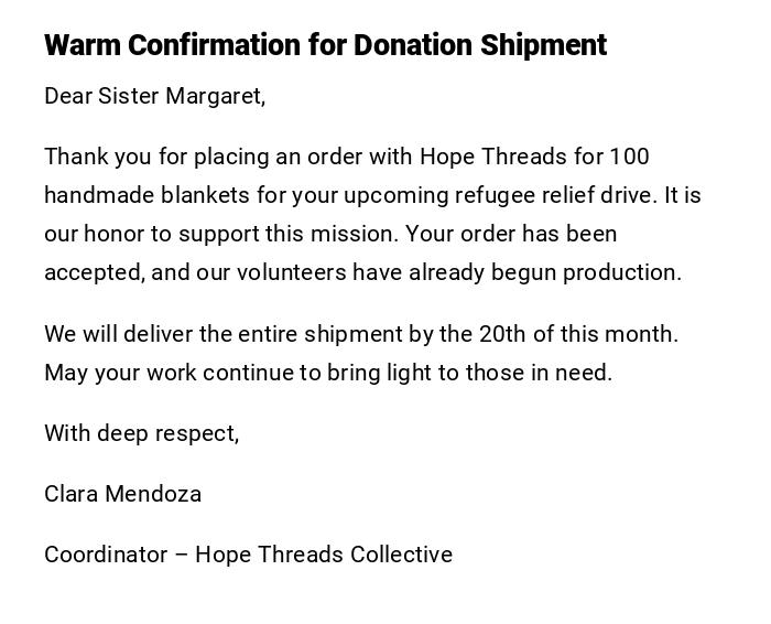 Warm Confirmation for Donation Shipment