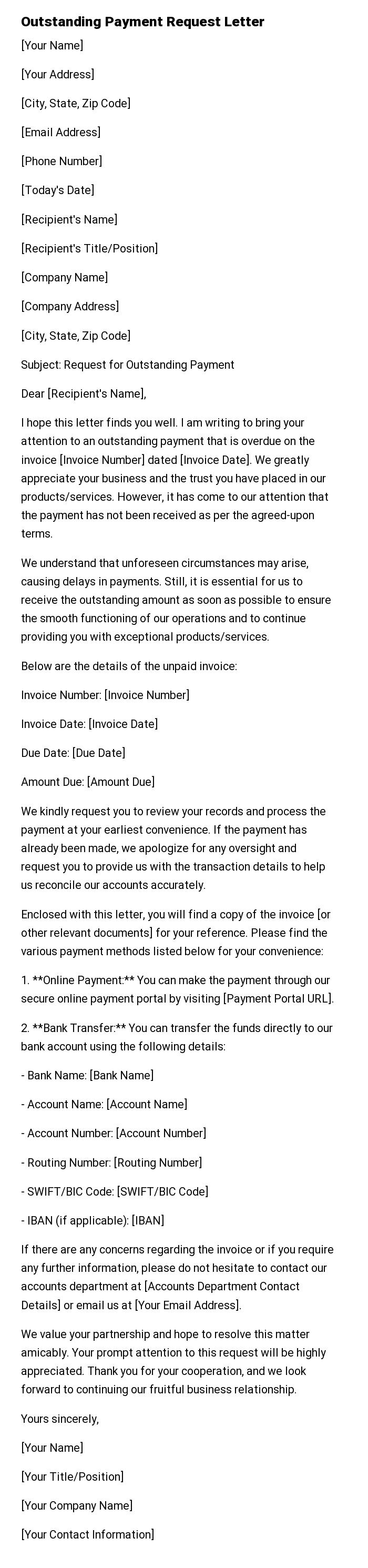 Outstanding Payment Request Letter