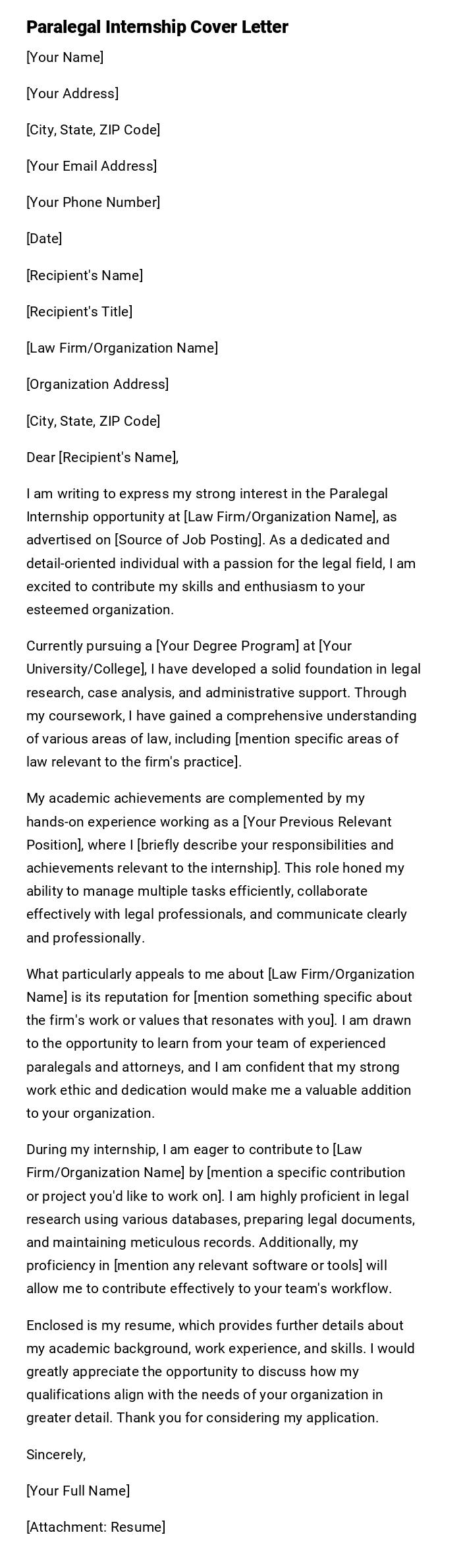 Paralegal Internship Cover Letter