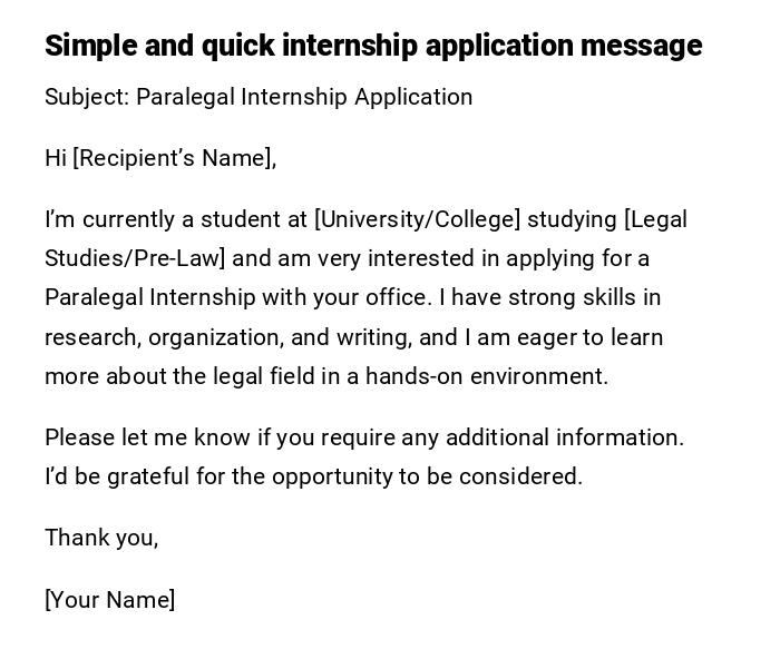 Simple and quick internship application message Simple and quick internship application message