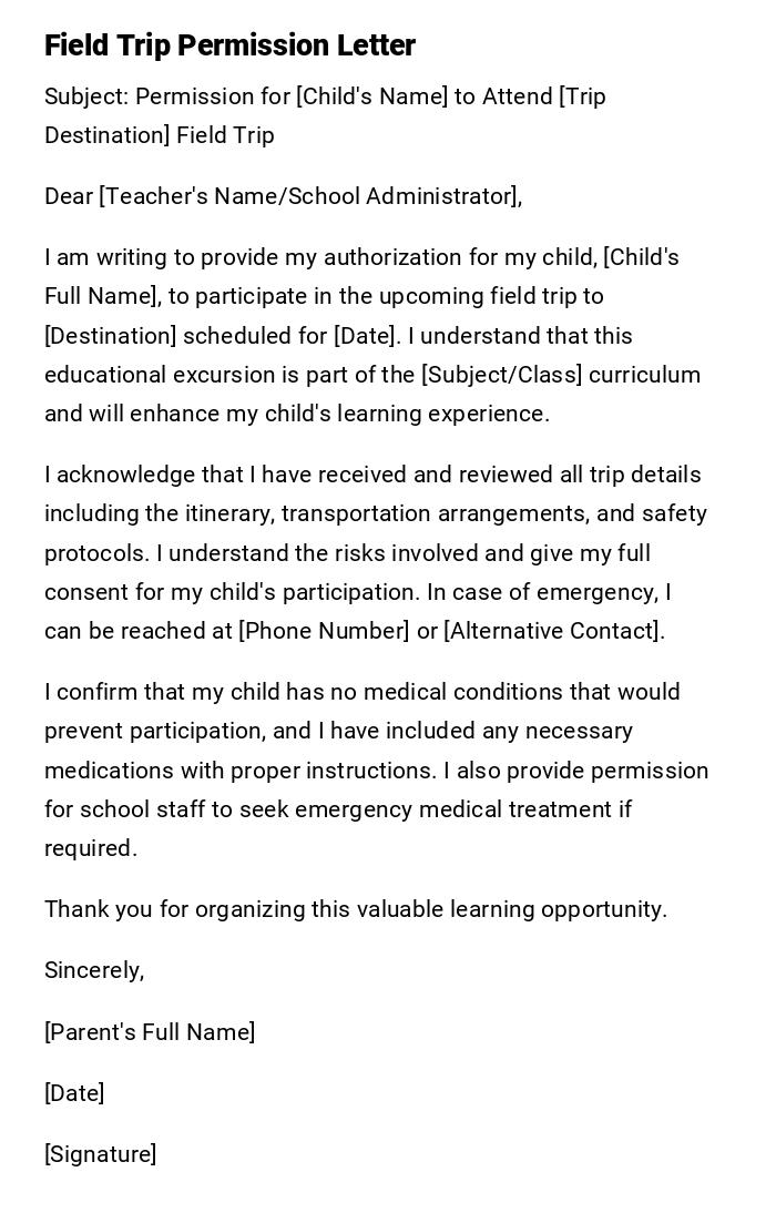 Field Trip Permission Letter Field Trip Permission Letter
