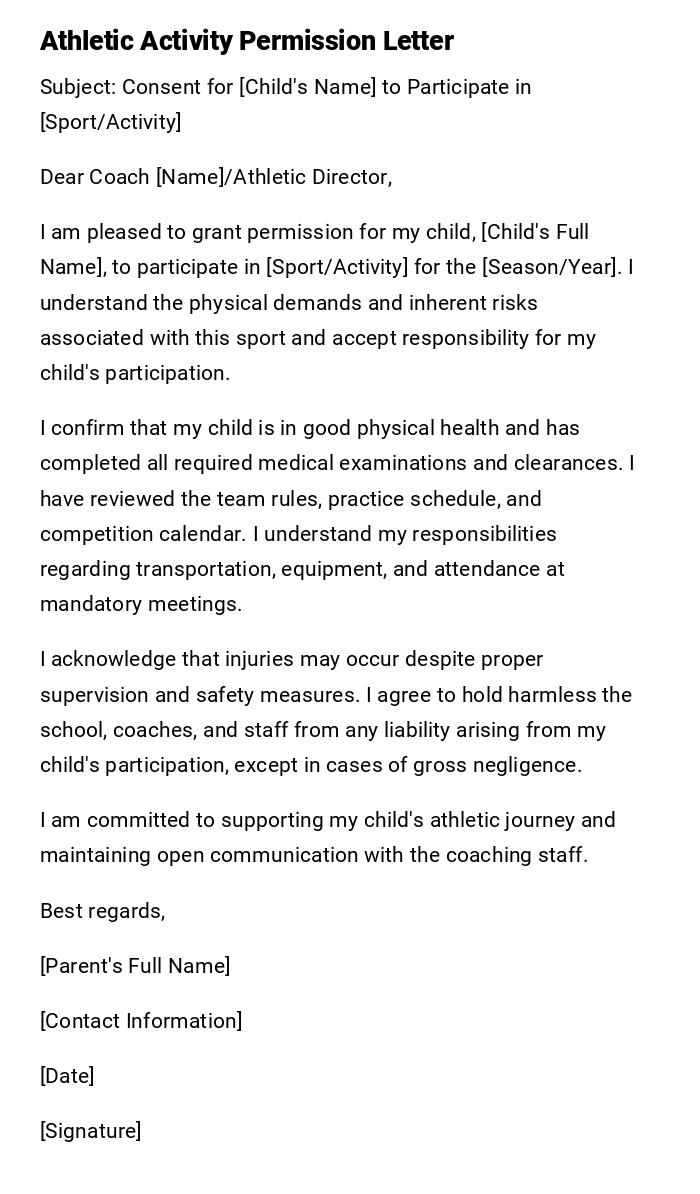 Athletic Activity Permission Letter Athletic Activity Permission Letter