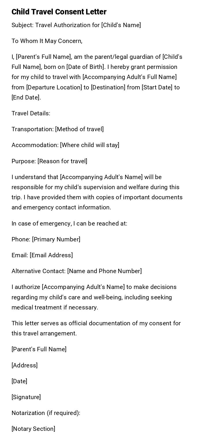 Child Travel Consent Letter Child Travel Consent Letter
