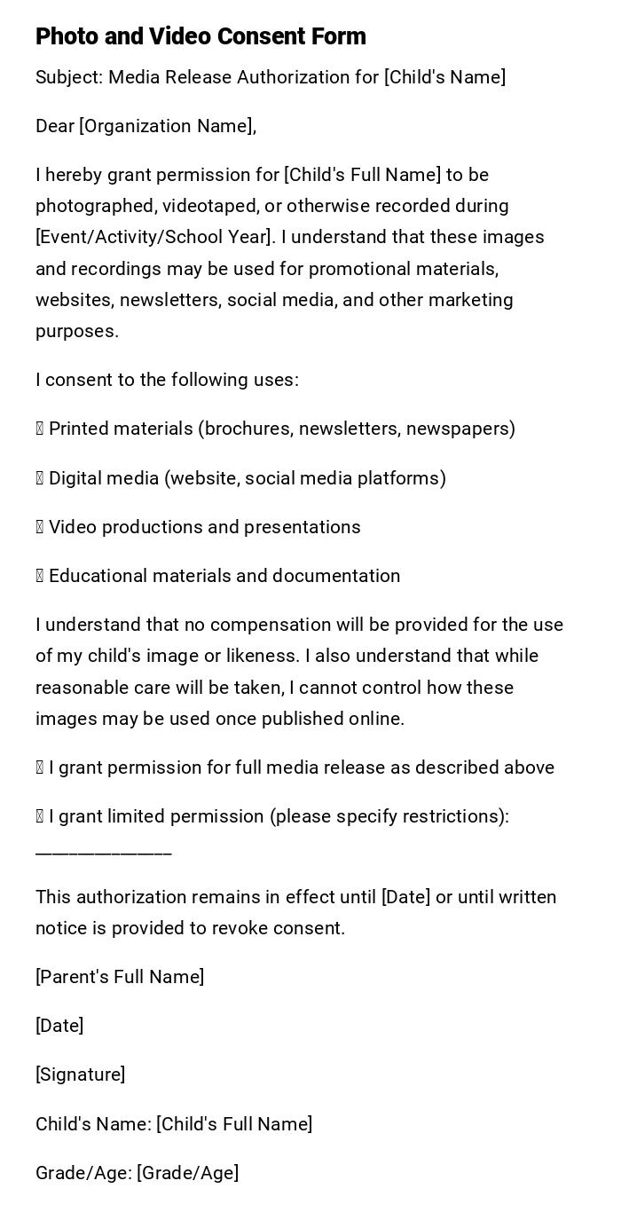 Photo and Video Consent Form Photo and Video Consent Form