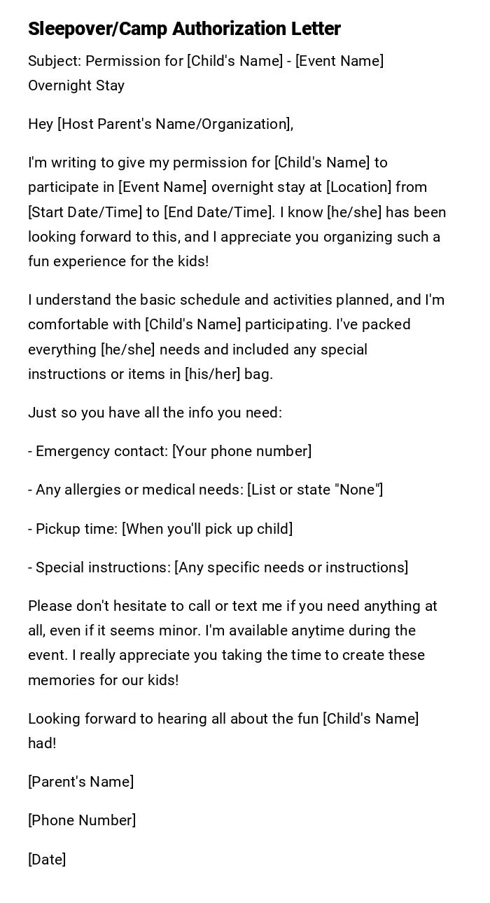 Sleepover/Camp Authorization Letter Sleepover/Camp Authorization Letter