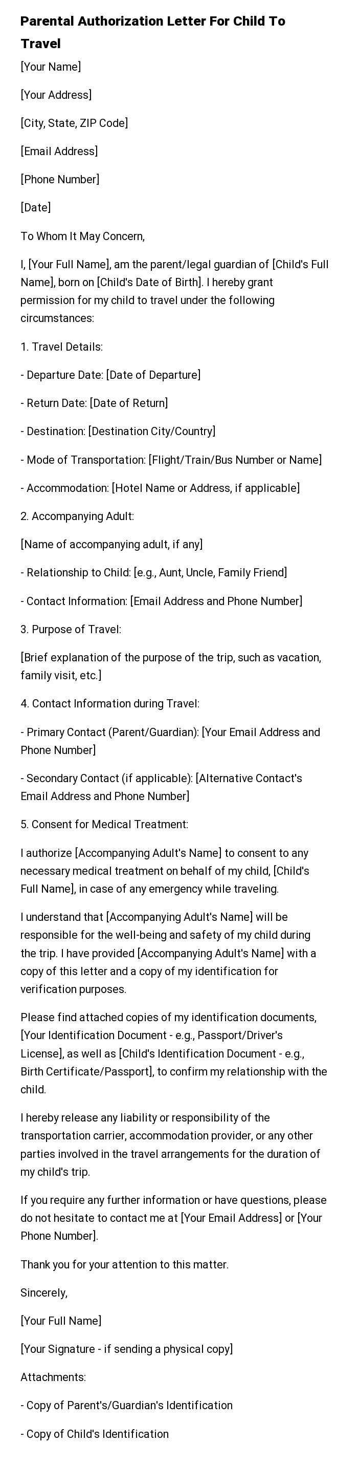 Parental Authorization Letter For Child To Travel