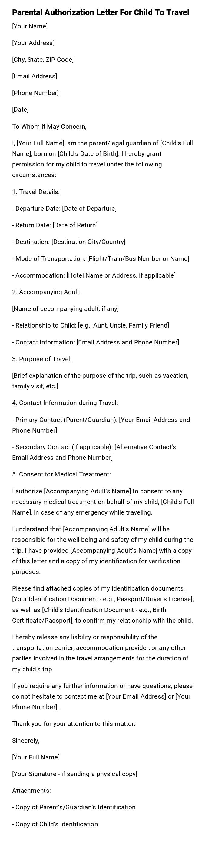 Parental Authorization Letter For Child To Travel