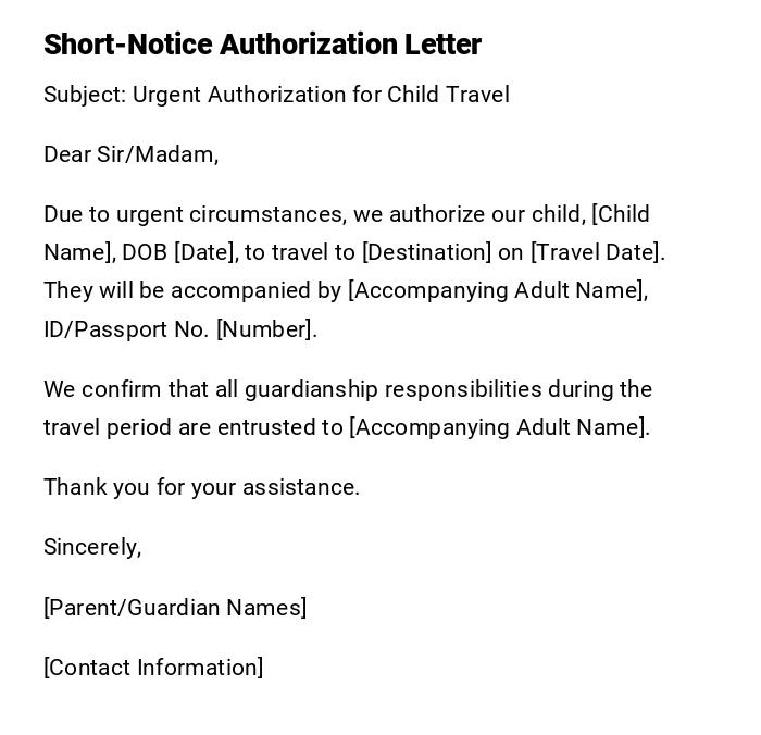 Short-Notice Authorization Letter Short-Notice Authorization Letter