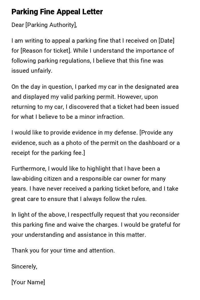 Parking Fine Appeal Letter