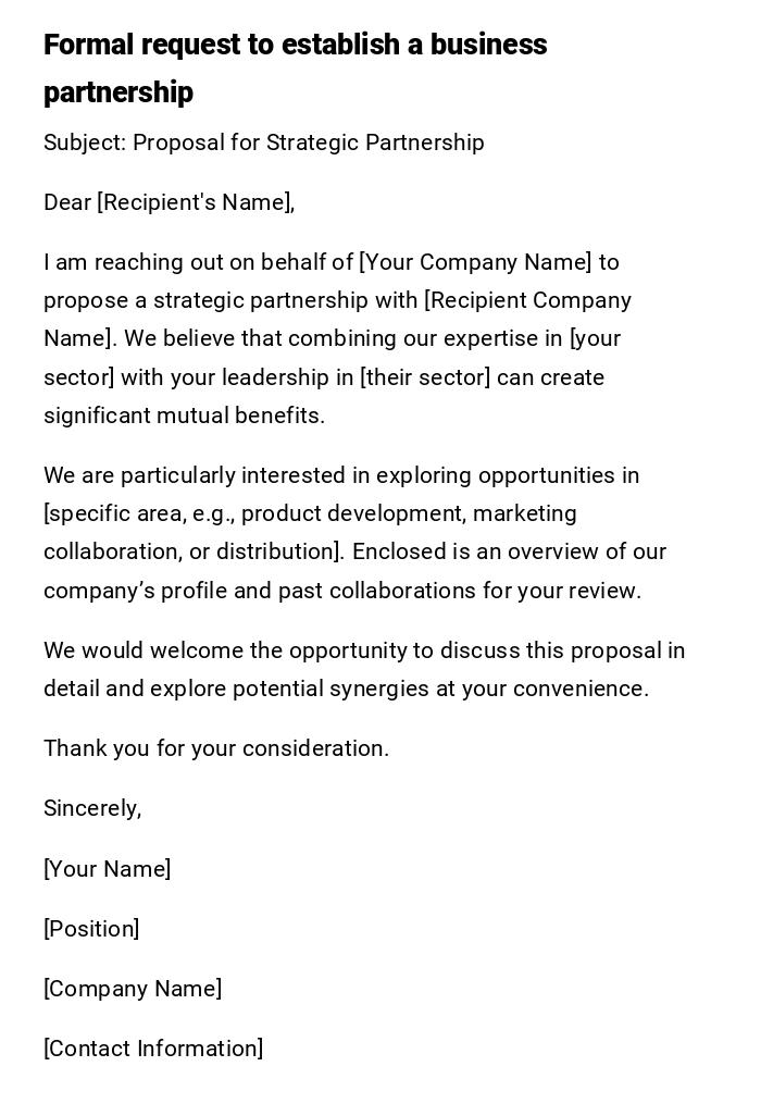 Formal request to establish a business partnership Formal request to establish a business partnership