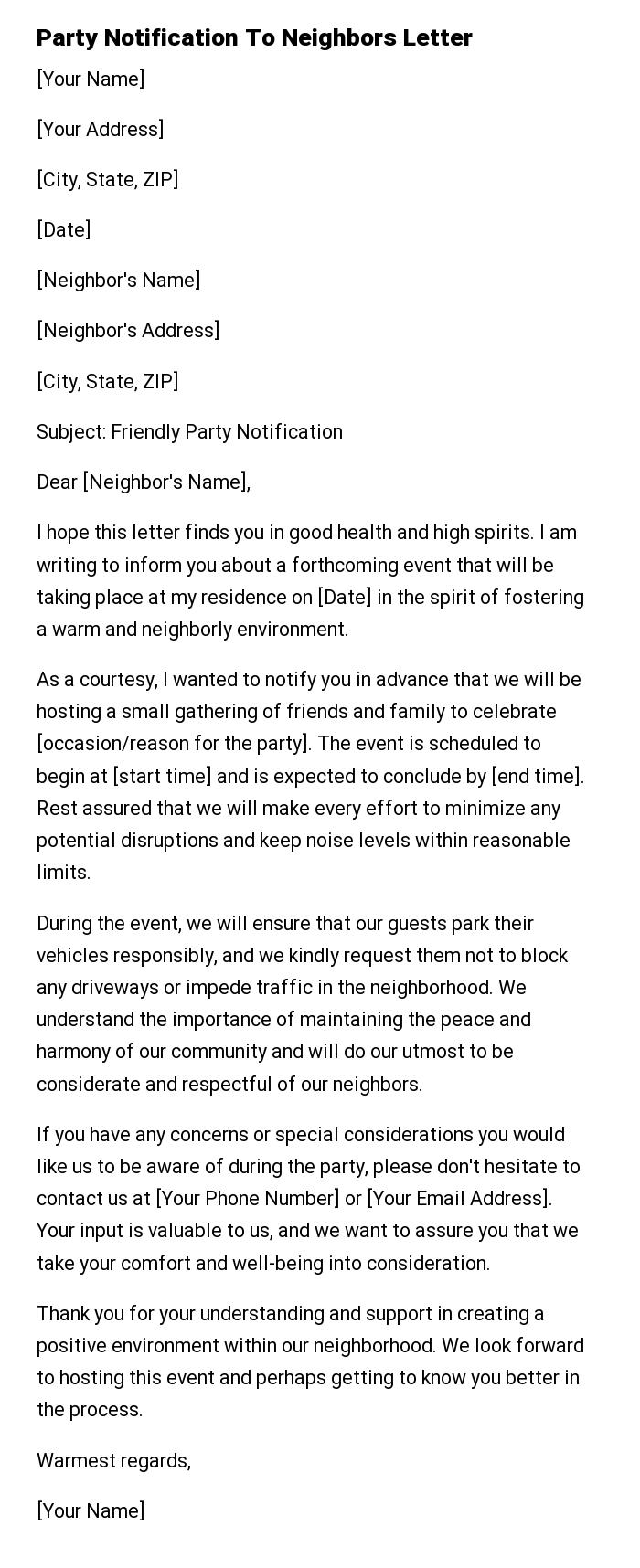 Party Notification To Neighbors Letter