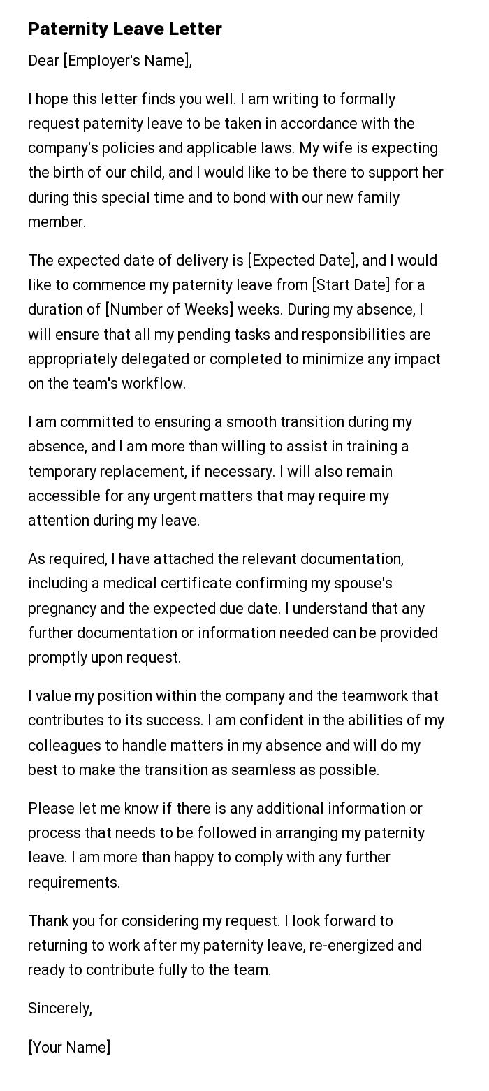 Paternity Leave Letter