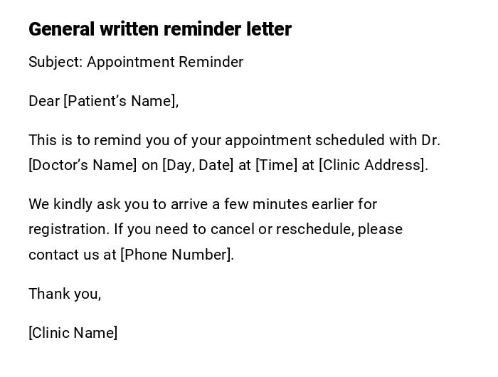 General written reminder letter General written reminder letter