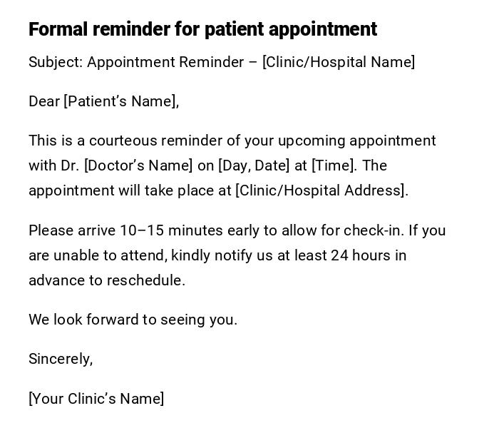 Formal reminder for patient appointment Formal reminder for patient appointment