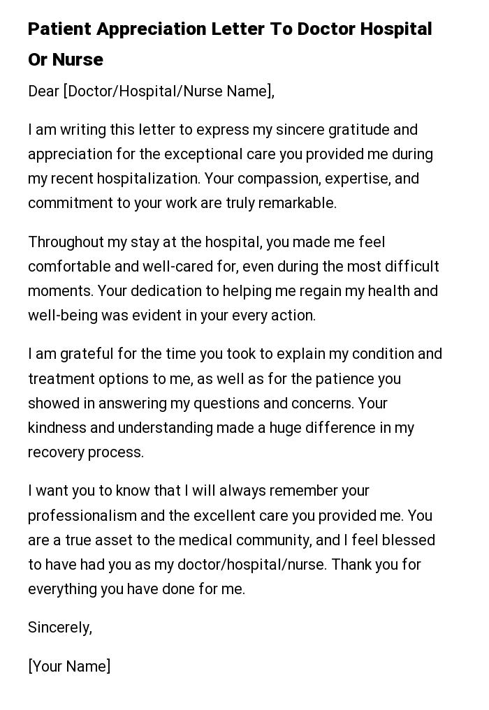 Patient Appreciation Letter To Doctor Hospital Or Nurse