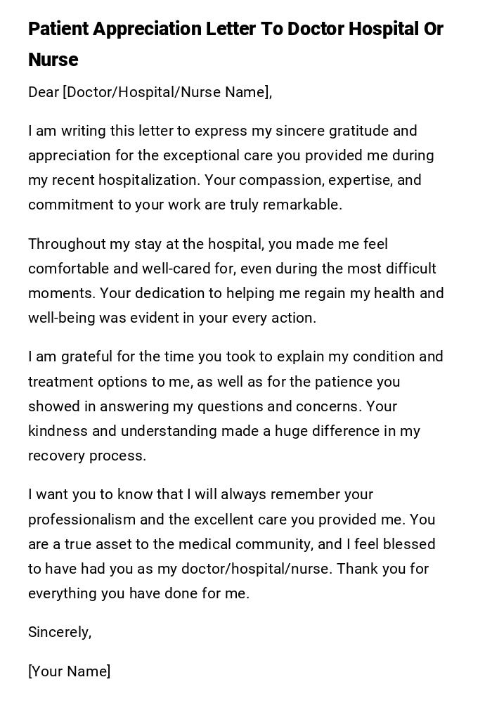 Patient Appreciation Letter To Doctor Hospital Or Nurse