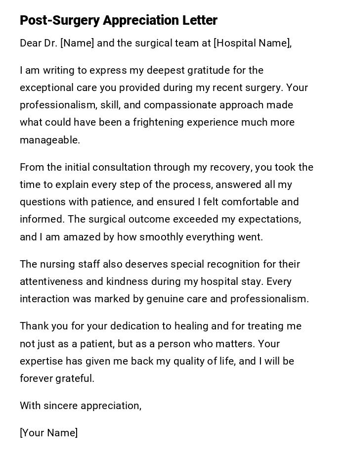Post-Surgery Appreciation Letter Post-Surgery Appreciation Letter